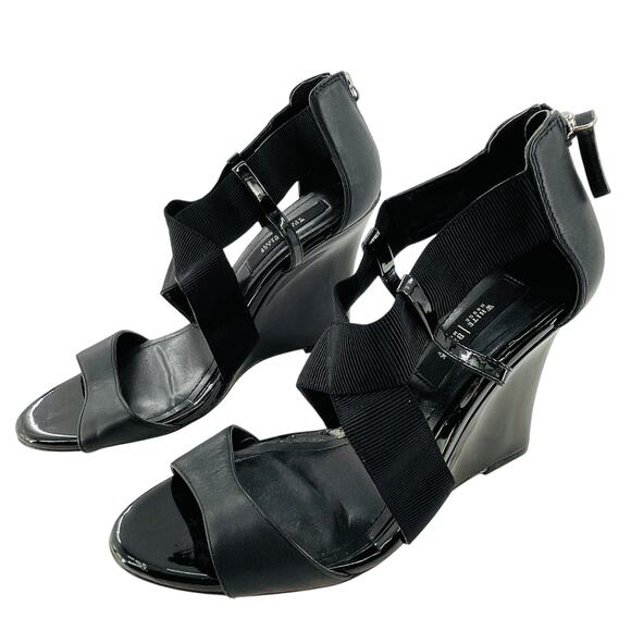 WHBM Black Leather Strappy Career Chic Zip Back Elastic Ankle Wedge Heel 9.5 - Picture 7 of 10